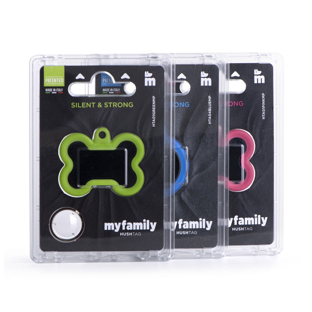 MyFamily Pet Tag: Hushtag Big Black Aluminum Bone with Green Rubber