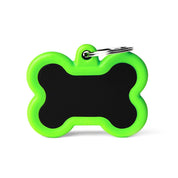 MyFamily Pet Tag: Hushtag Big Black Aluminum Bone with Green Rubber
