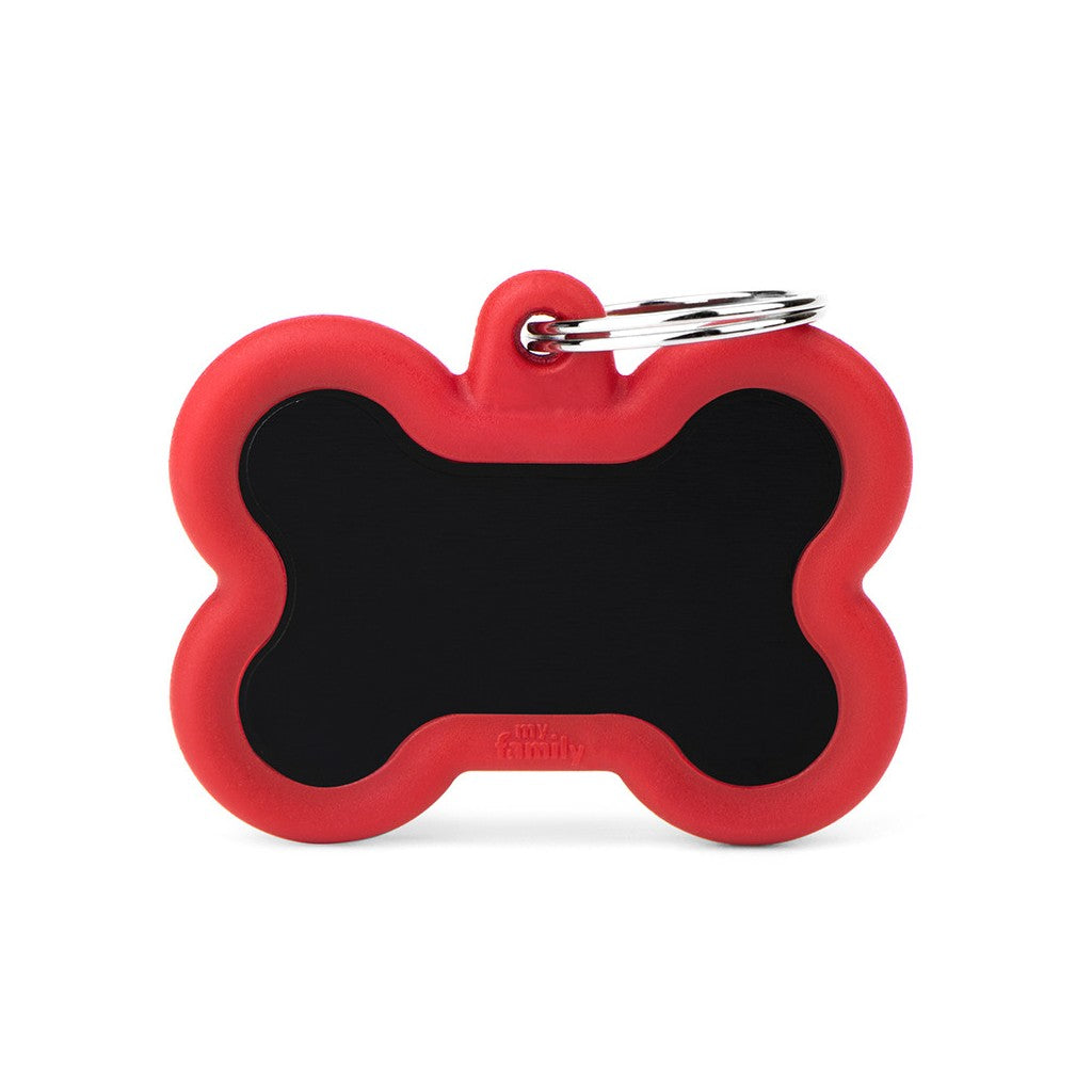 MyFamily Pet Tag: Hushtag Big Black Aluminum Bone with Red Rubber